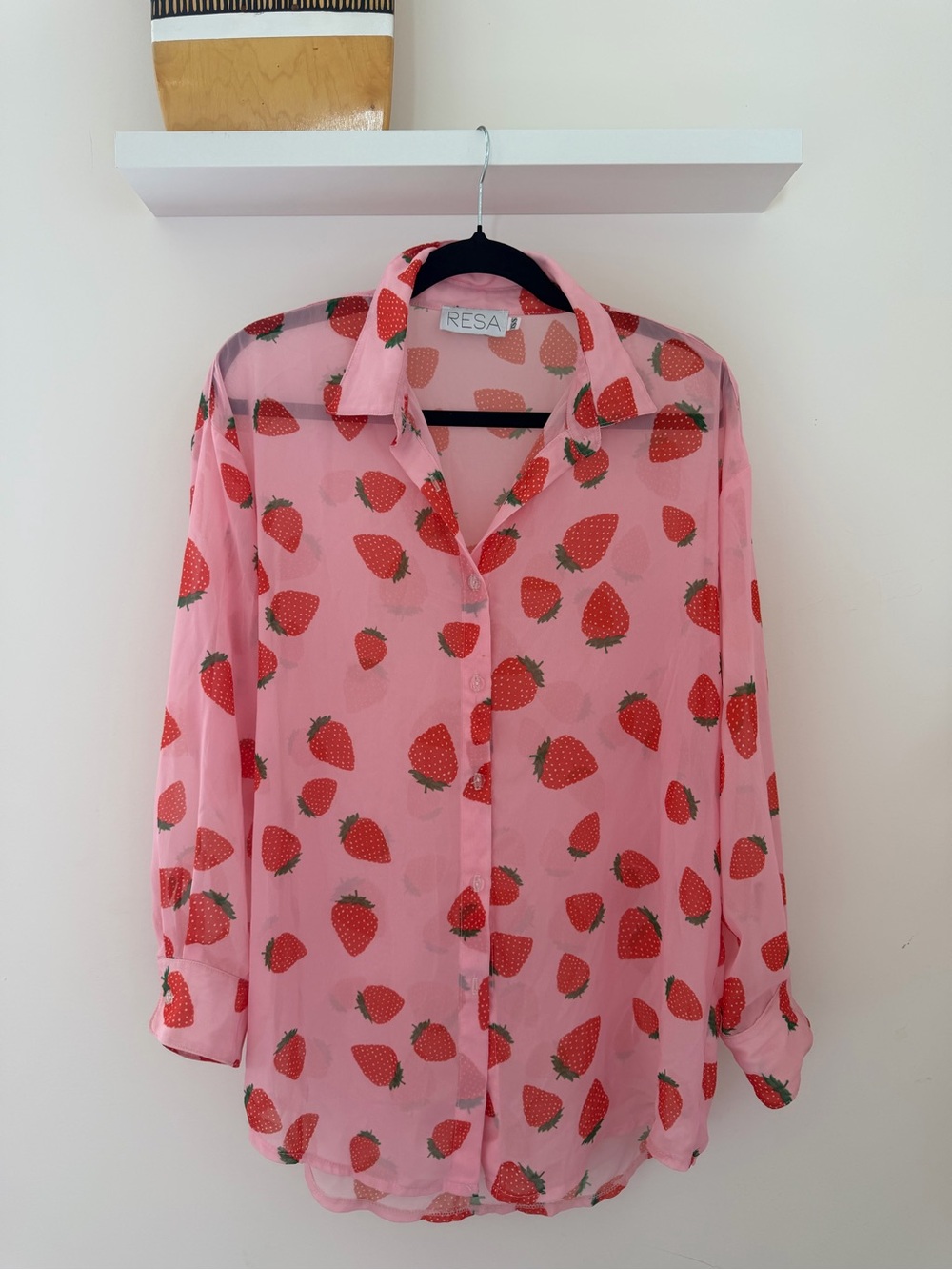 RESA Pink Strawberry Print Sheer Button-Down Blouse